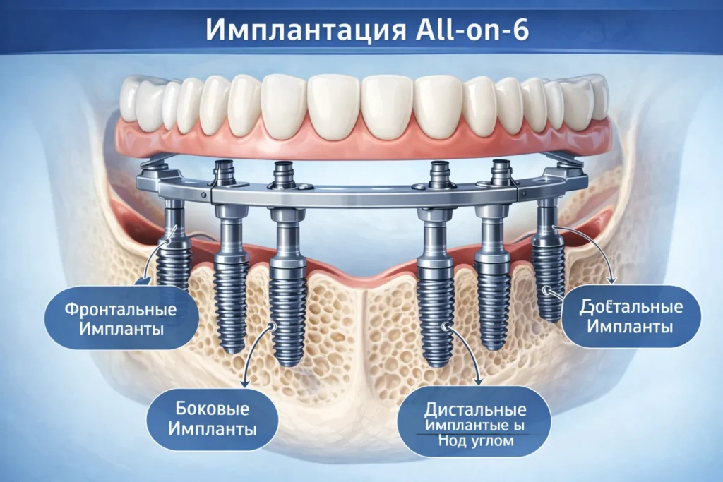 Имплантация All-on-6: схема установки 6 имплантов на челюсть