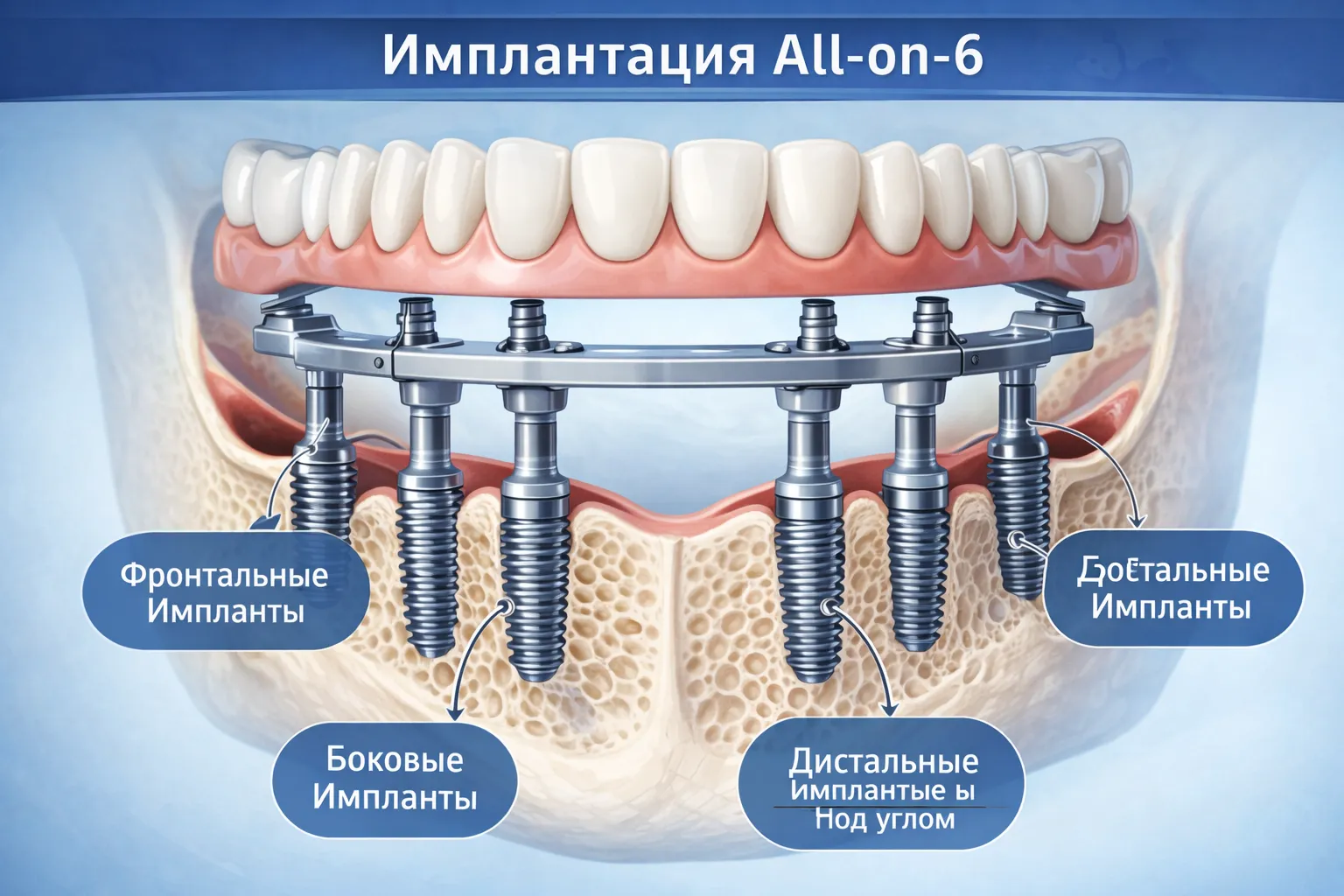 Имплантация All-on-6: схема установки 6 имплантов на челюсть