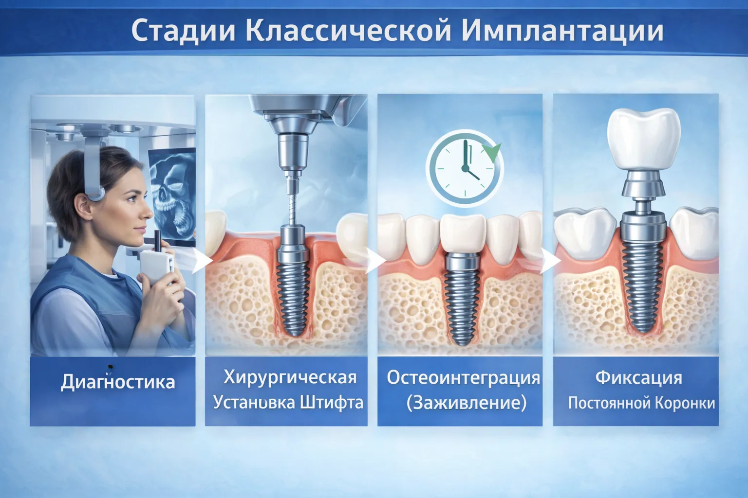 Пошаговая схема двухэтапной имплантации: установка импланта, заглушка, формирователь десны и коронка