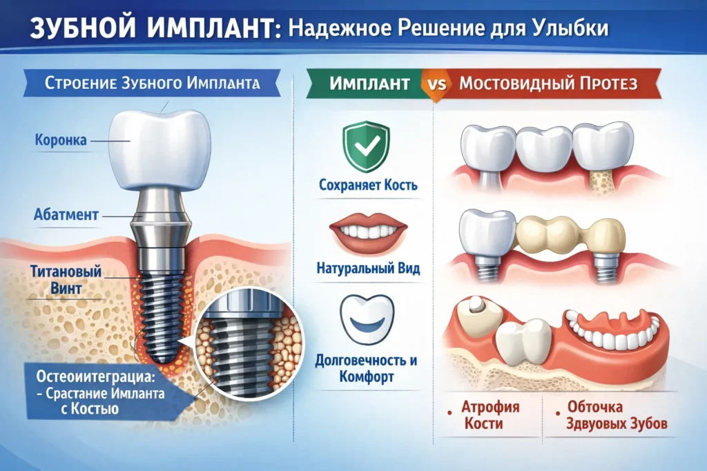 Процесс установки зубного импланта в клинике Алматы: схема строения импланта и коронки