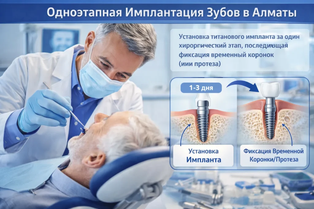 Одноэтапная имплантация зубов с временной коронкой за 1 день в стоматологической клинике Алматы