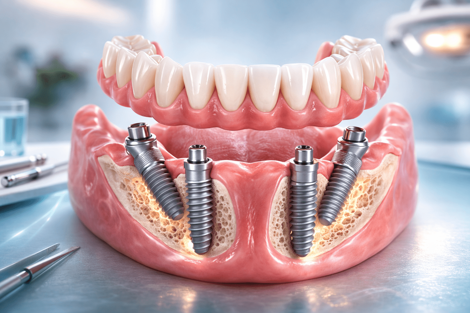 All-on-4 имплантациясы схемасы: 4 имплантқа бекітілген толық тіс қатары протезі