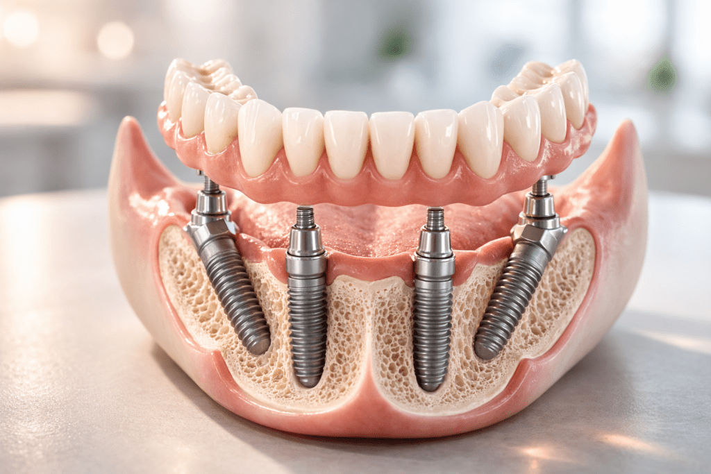 Имплантация All-on-4: фиксированный протез на 4 имплантах на одной челюсти, схема расположения имплантов
