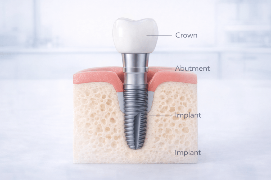 Алматыда тіс имплантациясы: имплант, абатмент және коронка құрылымы схемасы
