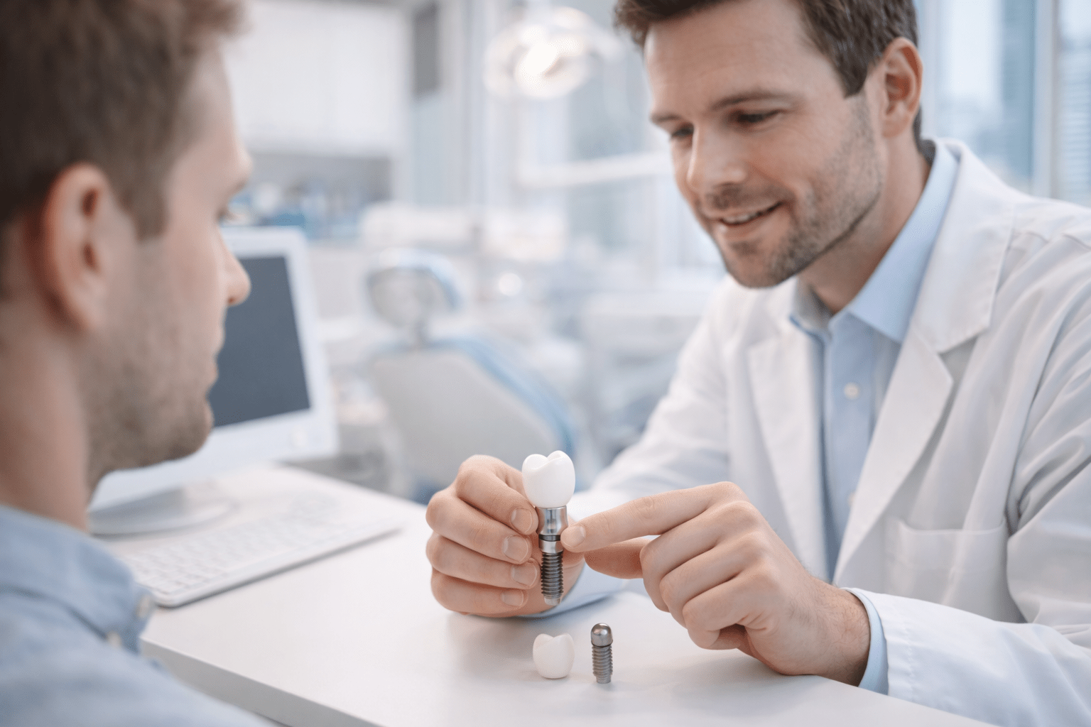 Процесс имплантации зуба — имплант, абатмент и коронка в челюсти