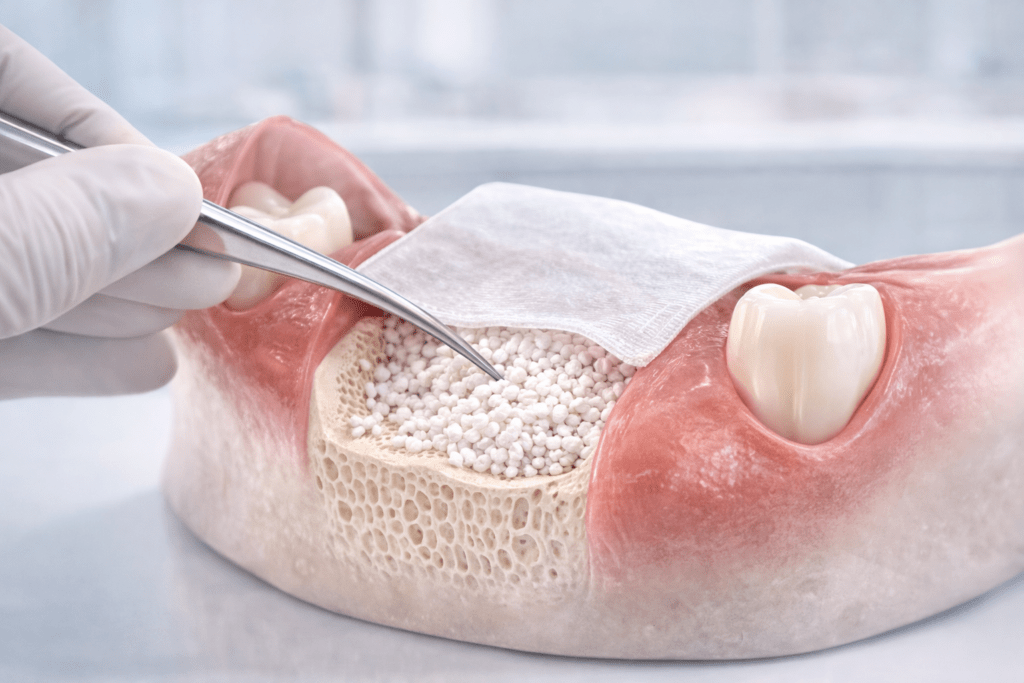 Схема костной пластики перед имплантацией: дефицит объема кости, костный материал и мембрана на челюсти