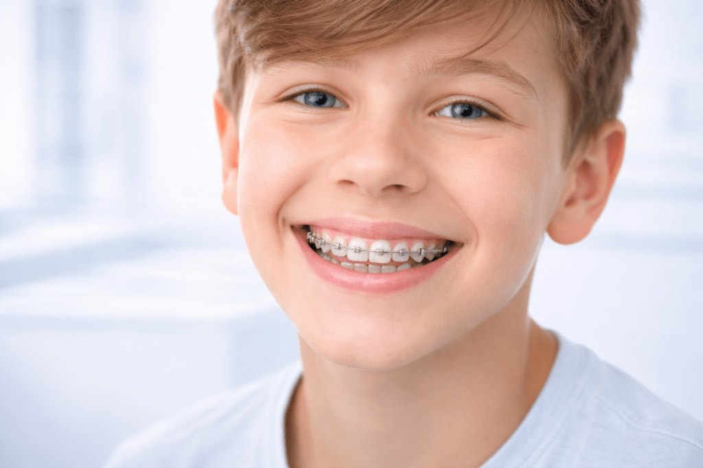 металлические брекеты у ребёнка 12 лет на зубах крупный план