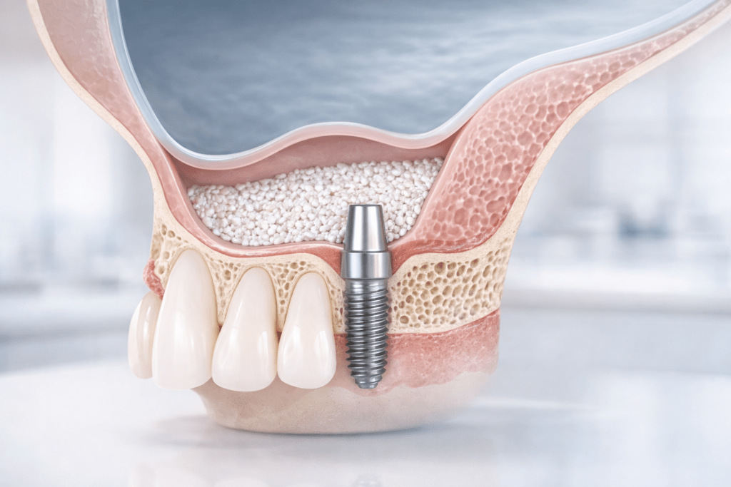 Схема синус-лифтинга: поднятие мембраны Шнайдера и заполнение костным материалом в области гайморовой пазухи перед имплантацией верхних зубов