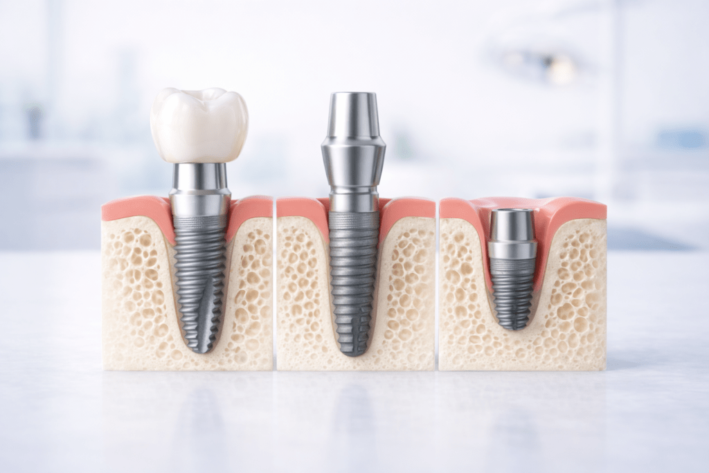 Системы зубных имплантов и их компоненты: имплант, абатмент и коронка схема