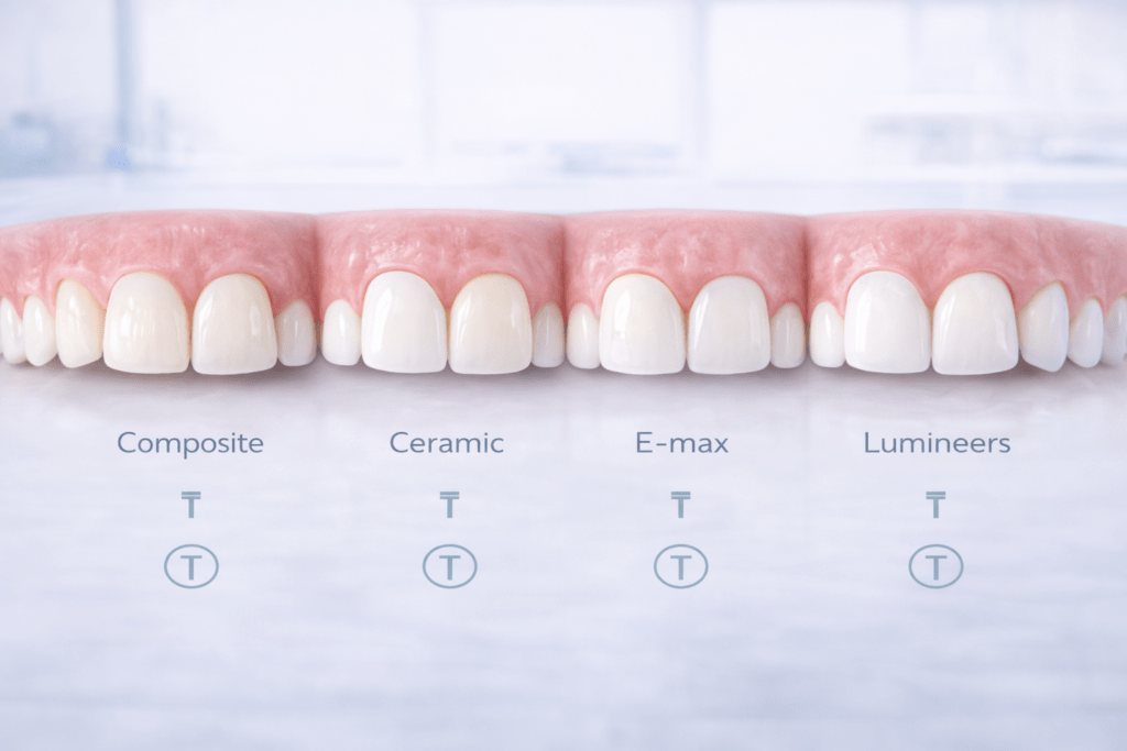Тіс винирлері түрлері: композит, керамика, E-max және люминир салыстыруы