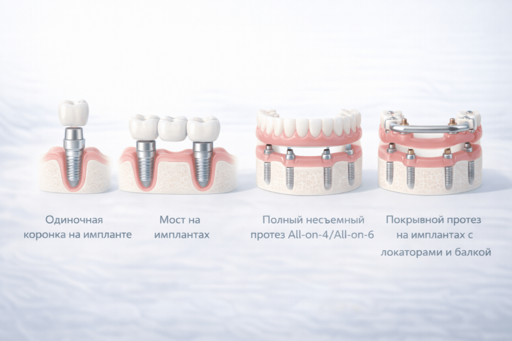 Протезы на имплантах: коронка, мост, All-on-4 и покрывной протез на локаторах - схема видов и фиксации