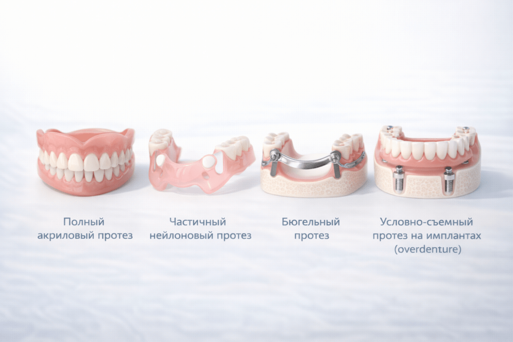 Съёмные зубные протезы разных видов: акриловый, нейлоновый, бюгельный и на имплантах - сравнение конструкций