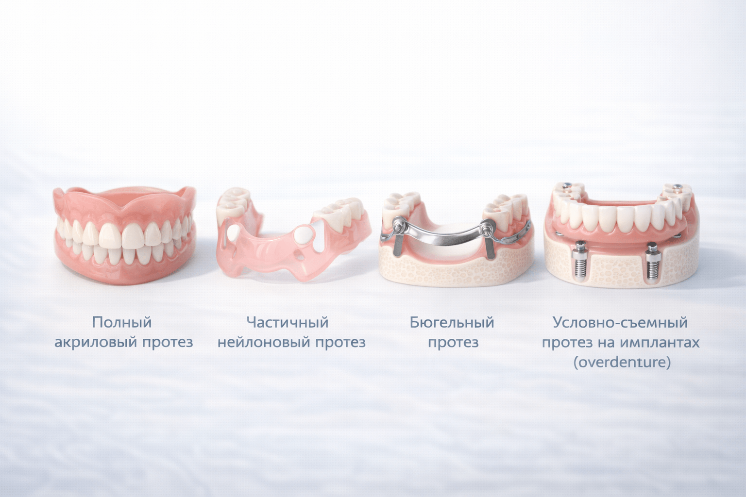 Съёмные зубные протезы разных видов: акриловый, нейлоновый, бюгельный и на имплантах — сравнение конструкций