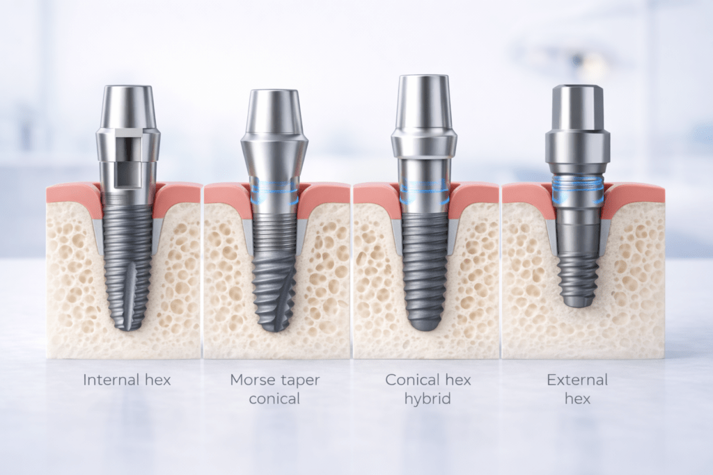 Схема типов соединения зубных имплантов: внутренний шестигранник и коническое Morse taper