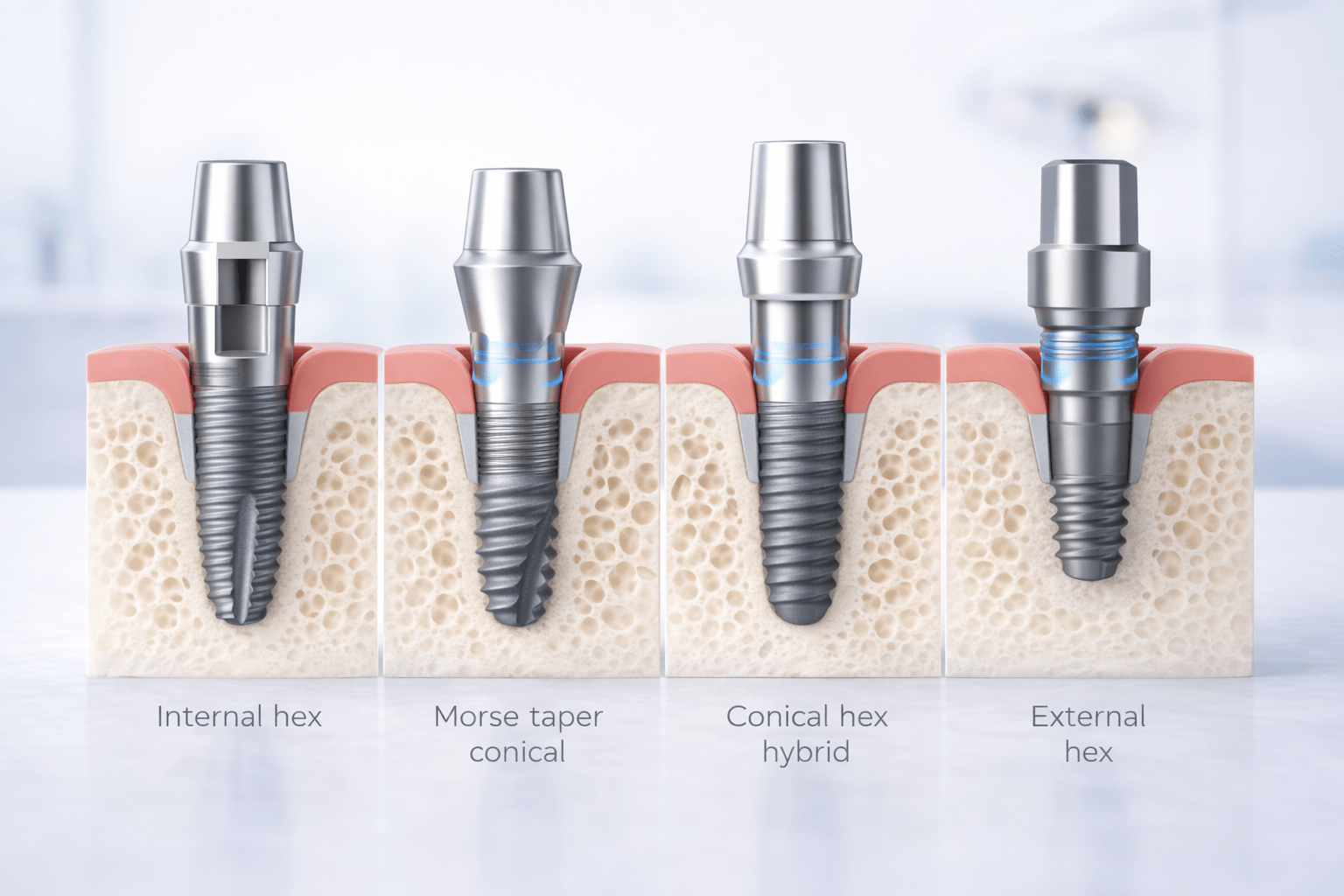 Схема типов соединения зубных имплантов: внутренний шестигранник и коническое Morse taper