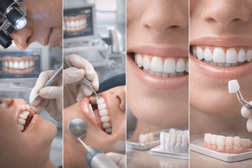 Установка виниров поэтапно: подготовка зубов, временные виниры, примерка и фиксация керамических виниров в стоматологической клинике