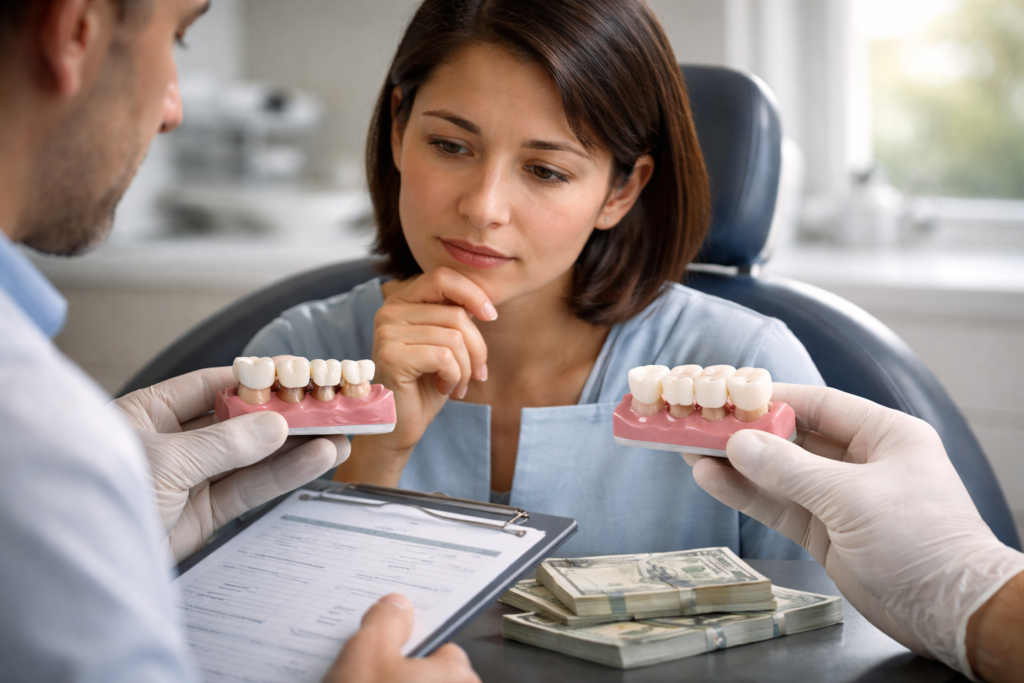 пациент выбирает зубной мост в стоматологии сравнение стоимости и вариантов протезирования зубов