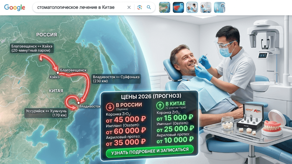 Карта городов Китая для лечения зубов: Хэйхэ, Суйфэньхэ, Хуньчунь, цены 2026 для россиян